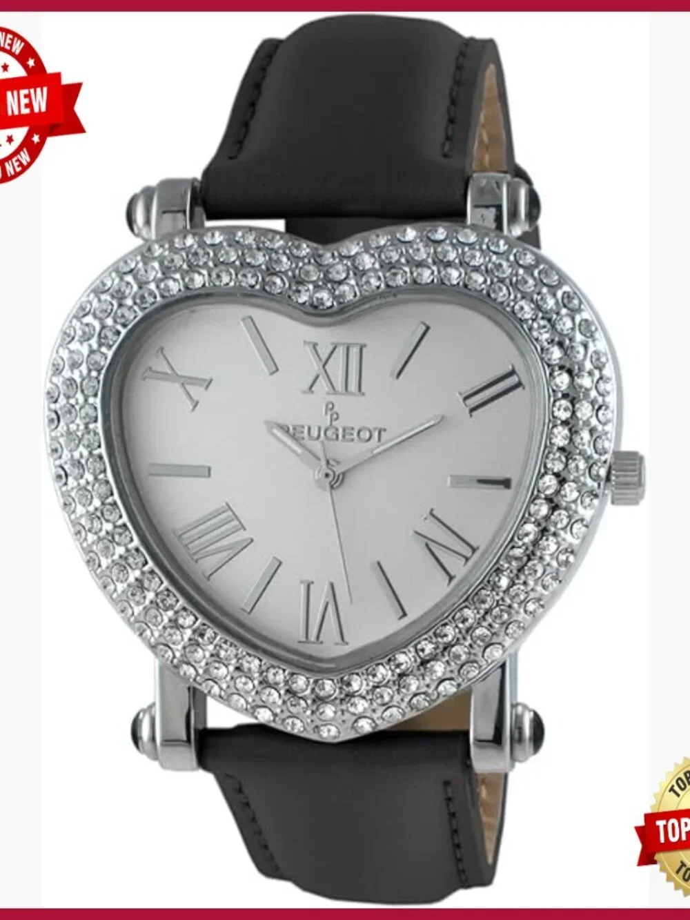 Heart Shaped Crystal Studded Wrist Watch with Leather Strap
